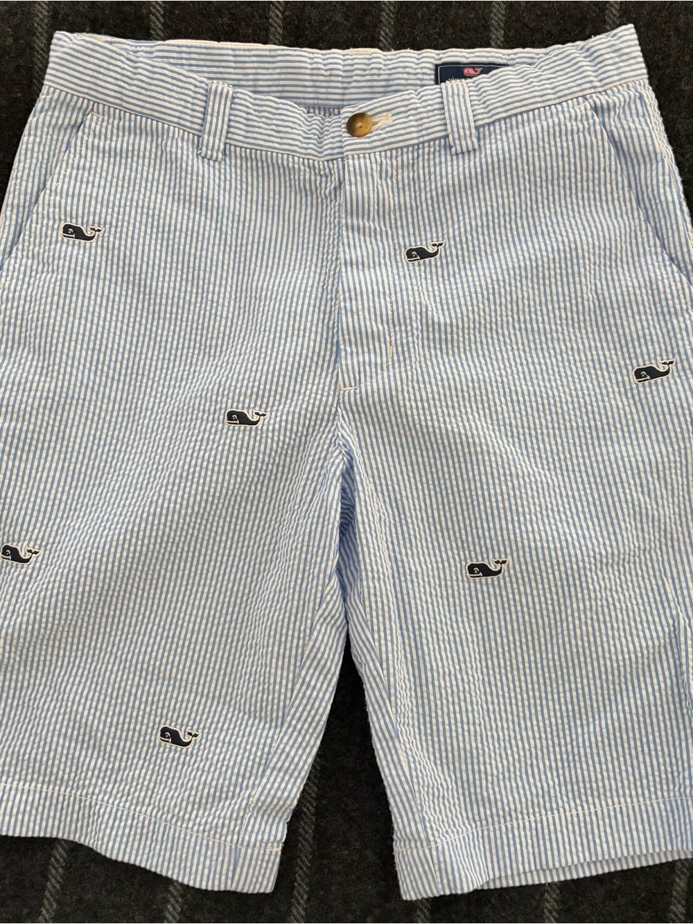 Vineyard Vines Light Blue & White Seersucker Whale Embroidered Kids Shorts